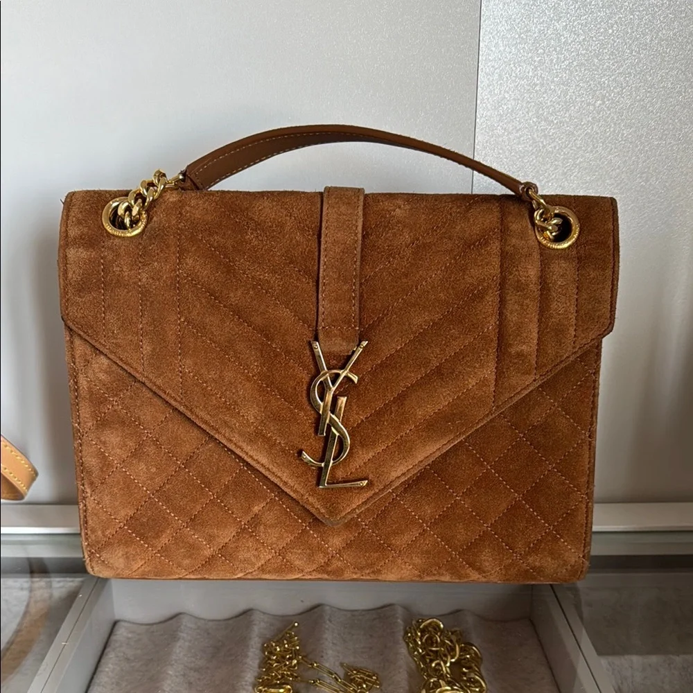 YSL Yves Saint Laurent Brown Suede Quilted Medium Envelope Handbag - Picture 15 of 16